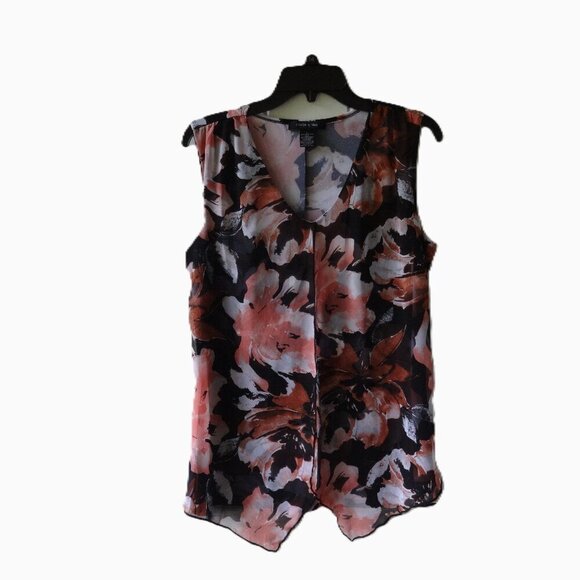 Adele & May size L sleeveless v neck top with sheer overlay, poly & spandex  VGC - Picture 1 of 15